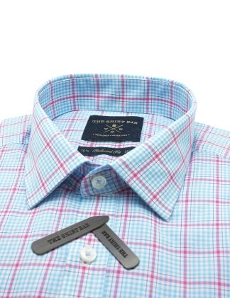 Blue With Pink Checks Slim / Tailored Fit Long Sleeve Shirt