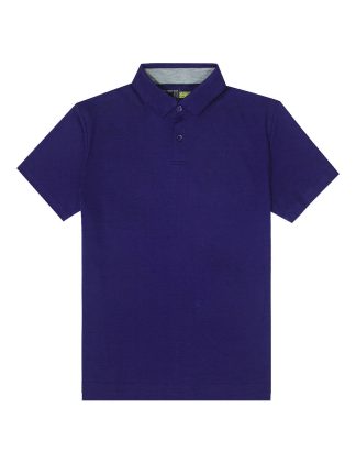 Deep Blue Pima Cotton Hidden Button Down Collar Slim Fit Short Sleeve Polo T-Shirt