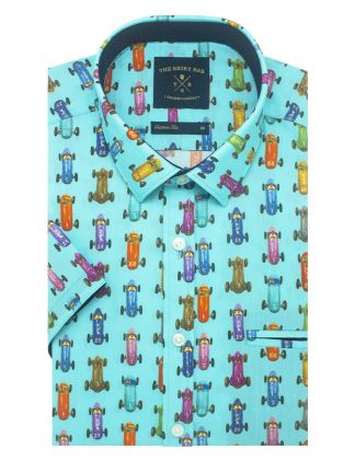 Singapore Collection Turquoise F1 Racecar Digital Print Italian Fabric with Silky Finish Custom / Relaxed Fit Short Sleeve Shirt