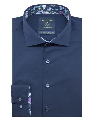Solid Navy Poplin Eco-ol Bamboo Stretch Slim / Tailored Fit Long Sleeve Shirt - TF1C5.21