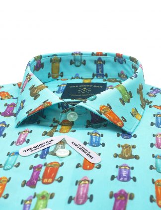 Singapore Collection Turquoise F1 Race car Digital Print Italian Fabric with Silky Finish Slim / Tailored Fit Long Sleeve Shirt