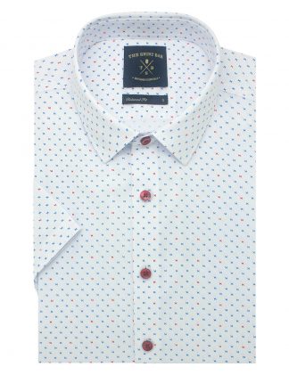 White with Red & Blue Print Eco-ol Bamboo Custom / Relaxed Fit Short Sleeve Shirt - RF9SF8.27