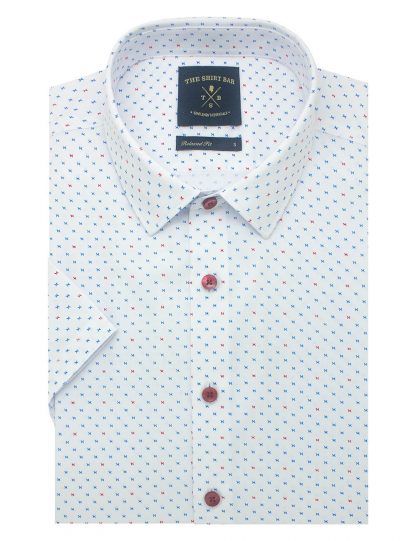 White with Red & Blue Print Eco-ol Bamboo Custom / Relaxed Fit Short Sleeve Shirt