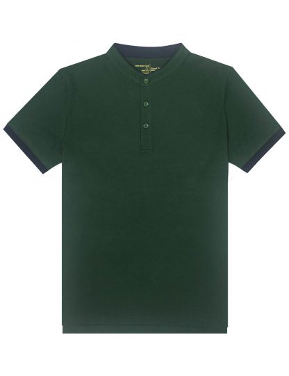 Green Mandarin Collar Tencel Short Sleeve Polo T-shirt
