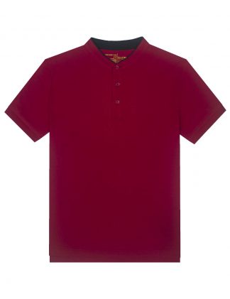 Red Mandarin Collar Tencel Short Sleeve Polo T-shirt