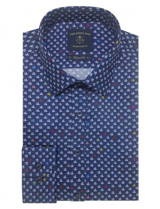 Singapore Collection Navy Junk Boat Digital Print with Silky Finish Slim / Tailored Fit Long Sleeve Shirt