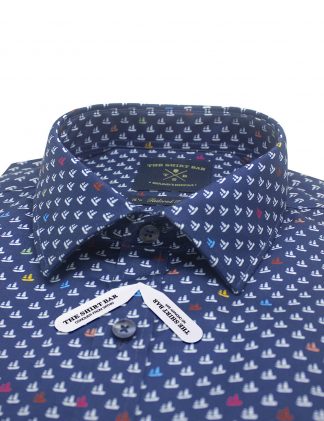 Singapore Collection Navy Junk Boat Digital Print with Silky Finish Slim / Tailored Fit Long Sleeve Shirt