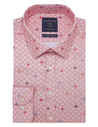 Singapore Collection Pink Junk Boat Digital Print with Silky Finish Slim / Tailored Fit Long Sleeve Shirt