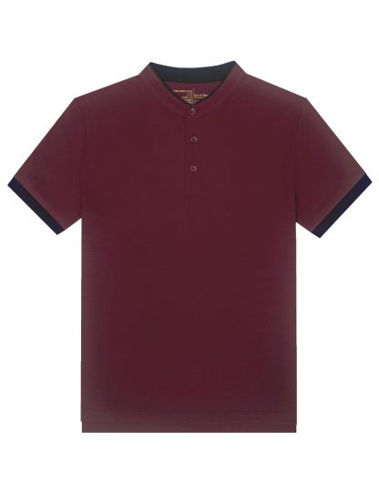 Maroon Mandarin Collar Tencel Short Sleeve Polo T-shirt