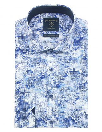 Singapore Collection Blue Colonial Architectural Digital Print Italian Fabric with Silky Finish Slim / Tailored Fit Long Sleeve Shirt