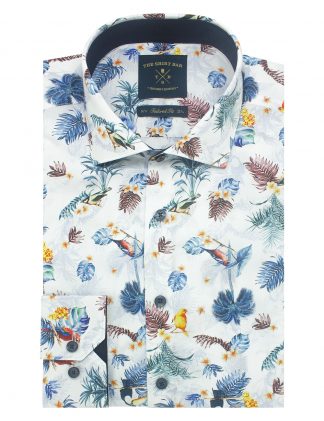 Singapore Collection White Bird Paradise Digital Print Italian Fabric with Silky Finish Slim / Tailored Fit Long Sleeve Shirt