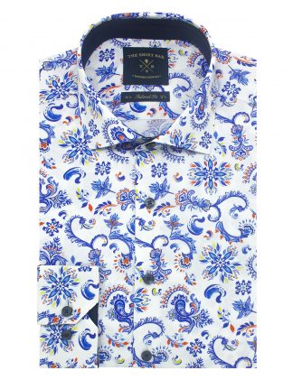 Singapore Collection White Cultural Digital Print Italian Fabric with Silky Finish Slim / Tailored Fit Long Sleeve Shirt
