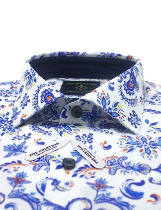 Singapore Collection White Cultural Digital Print Italian Fabric with Silky Finish Slim / Tailored Fit Long Sleeve Shirt