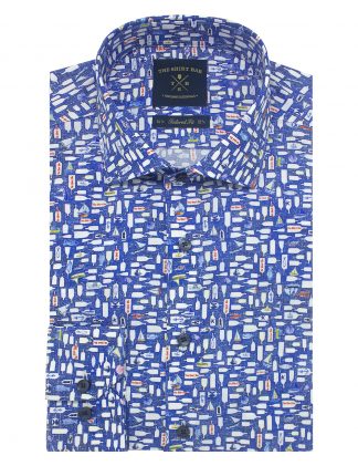 Blue Wishing Bottle Digital Print Italian Fabric with Silky Finish Slim / Tailored Fit Long Sleeve Shirt