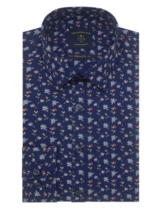 Singapore Collection Navy with Red Floral Print Slim / Tailored Fit Long Sleeve Shirt