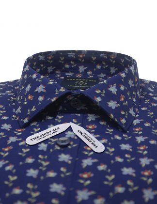 Singapore Collection Navy with Red Floral Print Slim / Tailored Fit Long Sleeve Shirt