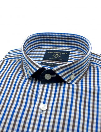 White with Blue Brown Checks Special Button Down Collar Slim / Tailored Fit Long Sleeve Shirt