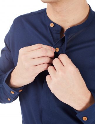 Solid Navy Cotton Linen Mandarin Collar Custom/ Relaxed Fit Long Sleeve Shirt -RF11GBU1.28