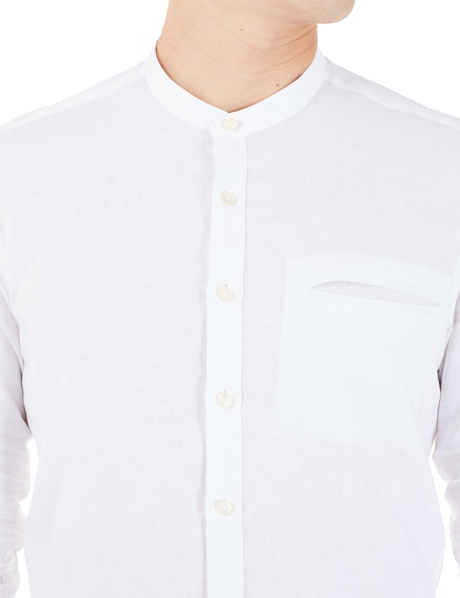Solid White Cotton Linen Mandarin Collar Welt Pocket Slim/Tailored