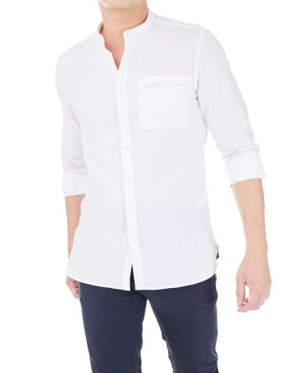 Solid White Cotton Linen Mandarin Collar Welt Pocket Slim/Tailored Long-sleeve shirt- TF11GP11.28