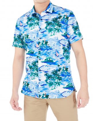 Singapore Collection White Summer Digital Print with Silky Finish Custom / Relaxed Fit Short Sleeve Shirt
