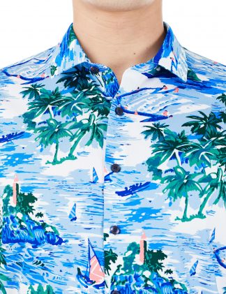 Singapore Collection White Summer Digital Print with Silky Finish Custom / Relaxed Fit Short Sleeve Shirt