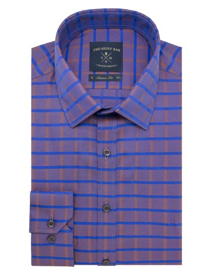 Brown with Blue Checks Modern / Classic Fit Long Sleeve Shirt
