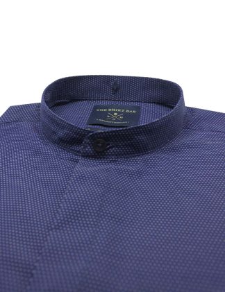 Navy Easy Iron Imperial / Mandarin Removable Collar Slim / Tailored Fit Long Sleeve Shirt - TF10G3.20