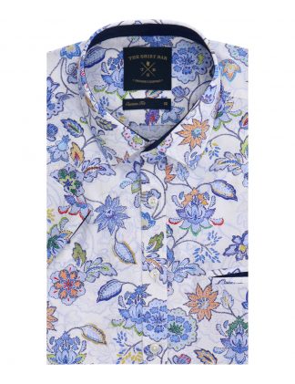 White Floral Digital Print SG Inspired Italian Fabric Custom/ Relaxed Fit Short Sleeve Shirt with SG Inspired Contrast- RF9SNB3.30