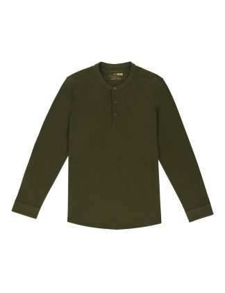 Green Pima Cotton Henley Long Sleeve Button Cuff T-shirt