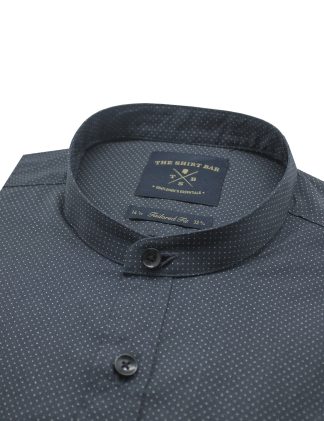 Black with White Polka Dots Mandarin Collar Slim / Tailored Fit Long Sleeve Shirt - TF11G1.19