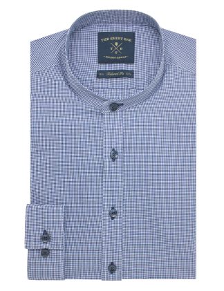 Navy and White Micro Checks Mandarin Collar Slim / Tailored Fit Long Sleeve Shirt - TF11G5.19