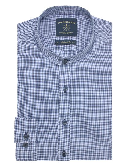 Navy and White Micro Checks Mandarin Collar Slim / Tailored Fit Long Sleeve Shirt