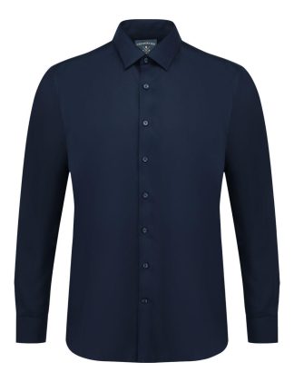 Everyday Comfort Collection: Solid Navy Blue 2 Ply Multi-Way Stretch Slim/Tailored Fit Long Sleeve Shirt - SF2AF17.NOS