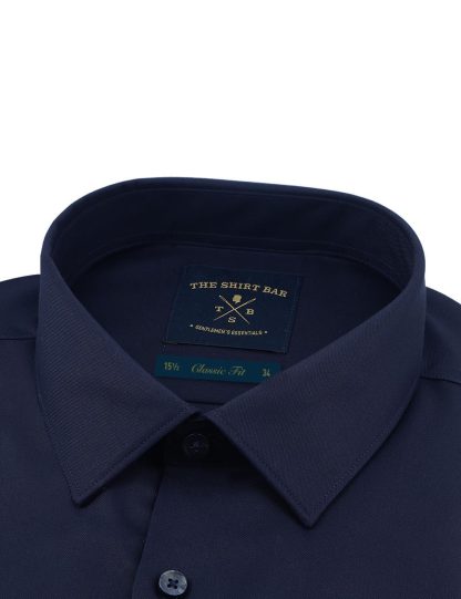 Everyday Armour Collection: Solid Navy Blue 2 Ply Wrinkle Free Modern/Classic Fit Long Sleeve Shirt collar