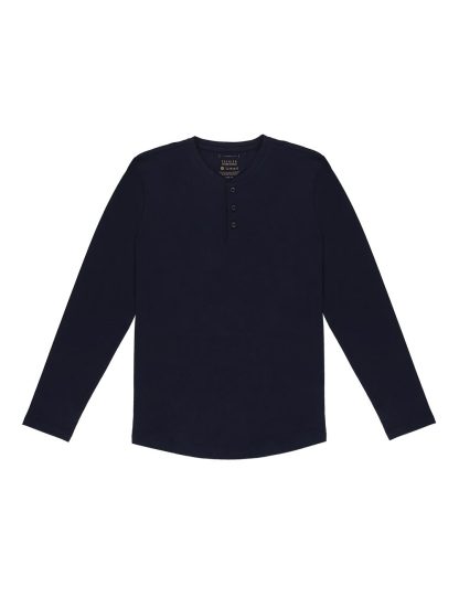Solid Navy-Blue Premium Cotton Stretch Long Sleeve Henley T-Shirt
